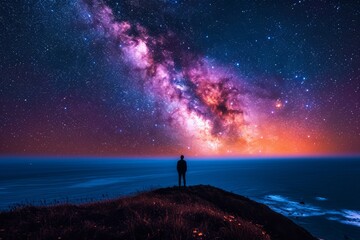 A solitary figure gazes up at the infinite expanse of the night sky, mesmerized by the twinkling stars and the tranquil ocean below