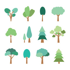 Cartoon green trees icons collection. Cute forest trees set