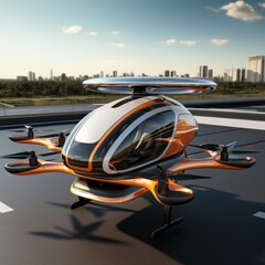 Futuristic orange passenger drone takes off from an airstrip near a modern city. Electric Vertical Take Off and Landing E-VTOL Aircraft used in urban passenger transportation. - obrazy, fototapety, plakaty