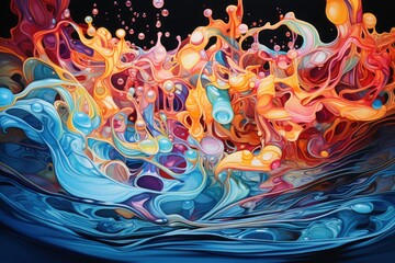  an abstract painting of water and bubbles in blue, orange, pink, and yellow colors on a black background, with a black background of blue, white, red, yellow, orange, and pink, and blue.