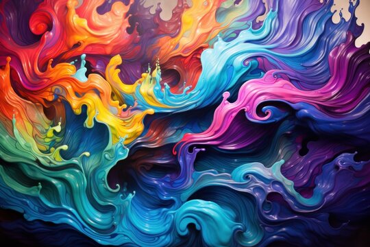  a painting of a multicolored wave of liquid paint on a black background with a white dot in the middle of the image and a white dot in the middle of the middle of the image.