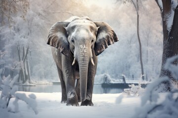  an elephant standing in the snow in front of a tree with snow on the ground and a body of water in the background with trees and snow on the ground.