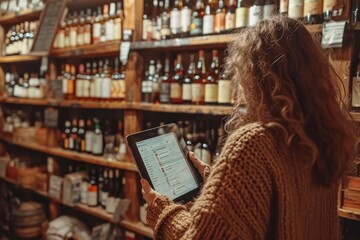 A stylish lady stands in an indoor liquor shop, tablet in hand, scanning the full shelves of bottles as she searches for the perfect drink to complement her outfit