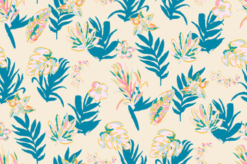 Fototapeta na wymiar Modern exotic floral jungle pattern. Collage contemporary seamless pattern. Hand drawn cartoon style pattern. Boho foliage botanical tropical leaves