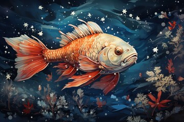  a painting of a goldfish swimming in a pond of water surrounded by plants and stars on a dark blue background with white stars on the bottom of the water.