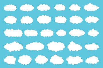 White clouds set on a blue background. Weather forecast symbols set - obrazy, fototapety, plakaty