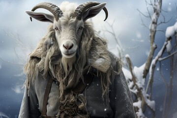  a goat with long hair wearing a coat and a scarf on it's head is standing in front of snow covered trees and a cloudy sky with white clouds.