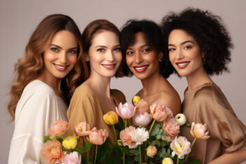 Beautiful girls of different races with different skin colors with tulips on studio pink background. Spring concept, March 8 holiday, International Women's Day. Feminine beauty, happy women of world