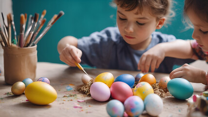 Fototapeta na wymiar child, baby, easter, kid, boy, childhood, egg, playing, toddler, fun, toy, little, colorful, play, eggs, holiday, 