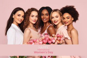 Beautiful girls of different races with different skin colors with tulips on studio pink background. Spring concept, March 8 holiday, International Women's Day. Feminine beauty, happy women of world