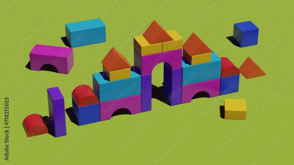 Poster multicolored constructor toy on a green background. abstract loop animation