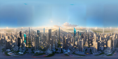 Full 360 degrees seamless spherical panorama HDRI equirectangular projection of aerial  view over town. Texture environment map for lighting and reflection 3d scenes. 3d background illustration.	