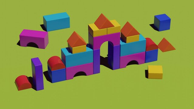 Multicolored constructor toy on a green background. Abstract loop animation