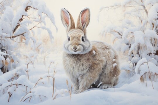  a painting of a rabbit standing in the snow in front of snow covered trees and bushes with snow on the ground and grass in front of the rabbit's ears.