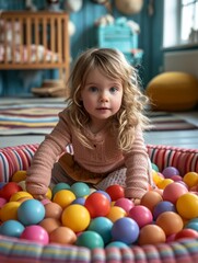Obraz premium A young girl dressed in bright easter clothing joyfully plays in an indoor ball pit, her face beaming with pure delight as she happily tosses colorful balls into the air