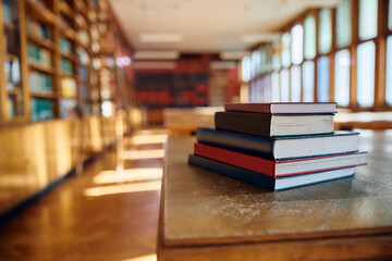 Stack of books on library desk.