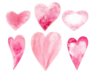 Illustration of a set of hand-drawn watercolor hearts for Valentine's Day