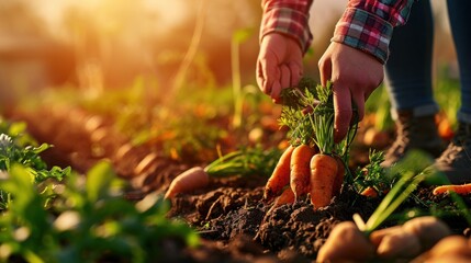  a close up of a person picking carrots from a patch of dirt in a garden with other carrots in the foreground and a person holding a carrot in the foreground. - obrazy, fototapety, plakaty