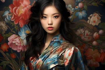 Japanese model with holographic floral patterns on a solid pastel background, her gaze exuding both allure and authority