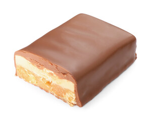 Piece of tasty chocolate bar with nougat and nuts isolated on white