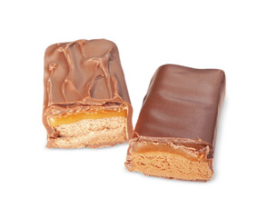 Pieces of tasty chocolate bars with nougat on white background