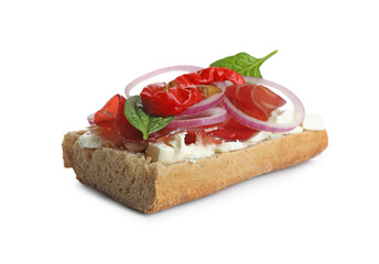 Fototapeta na wymiar Delicious sandwich with bresaola, cream cheese, onion and chili pepper isolated on white