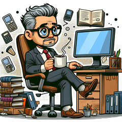 A businessmen in hand tea cup and working by the computer