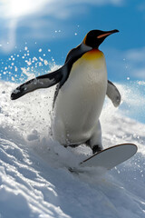 Generative Ai illustration of emperor penguin snowboarding