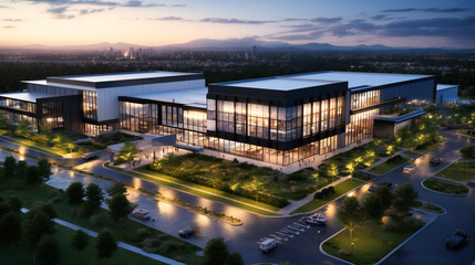 Modern Business Building with Prominent Branding and Urban City Background - obrazy, fototapety, plakaty
