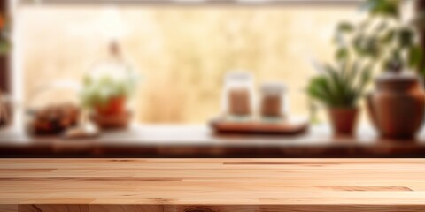 Obraz na płótnie Canvas Blurred background of a wooden kitchen table.