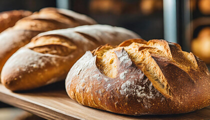 A magazine quality shot of a banner bakery, fresh bread with golden crust on store shelves