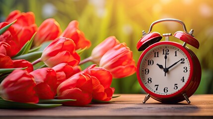 Red alarm clock and flowers on a table against a blurred background, creating a springtime scene with space for text.