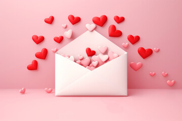 White paper envelope in 3d style with floating red hearts love message on minimal pink background, Valentine's day concept - obrazy, fototapety, plakaty