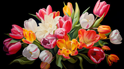 Bouquet of tulips on a black background.