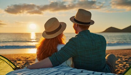  Young couple camping and relaxing on a beach watching the sun set