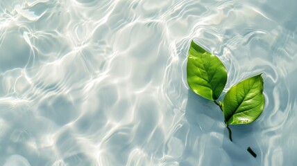 Green leaves on water surface. Beautiful water ripple background for product presentation. Copy space - obrazy, fototapety, plakaty