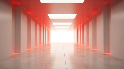 a futuristic red and gray corridor, elegant walls and floors, clean and bright