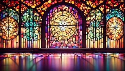 empty room and platform with ornate stained glass background