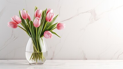 beautiful tulip bouquet in a glass vase on a white marble table.