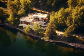 Aerial view of contemporary house in stunning natural landscape beside a lake. Generative AI