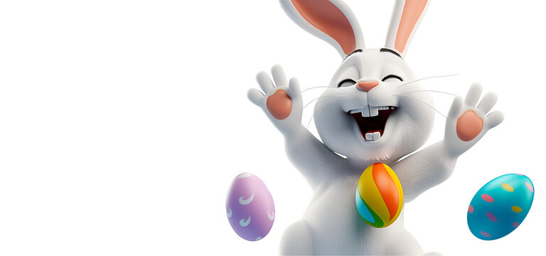 Happy Easter: Banner Cartoon Featuring a 3D White Bunny with Easter Egg and Text Copy Space, Isolated on Transparent Background, PNG