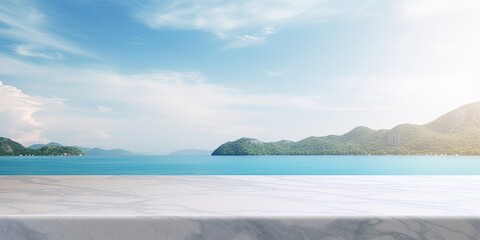 Fototapeta premium Blank marble table top with blurred sky and sea background, ideal for product display.