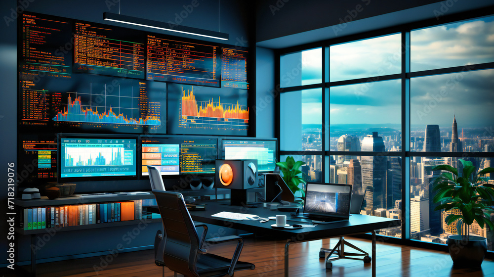 Poster businessman analyzing financial data on multiple screens in a modern office setting