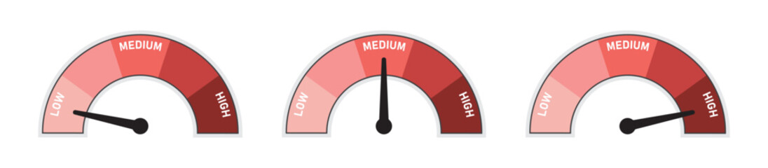 Speedometer set with indication of low medium and high. Speedometer scale of skin tone fair to dark with arrow and text low, medium and high - Vector Illustration