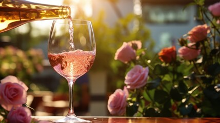 closeup of pouring rose wine into a glass in a garden.