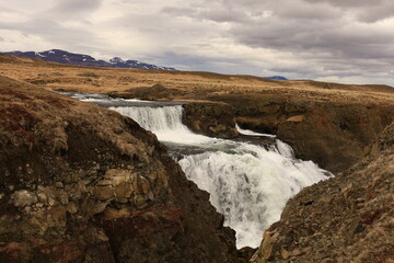 Fototapeta na wymiar Reykjafoss waterfall is one of the hidden treasures of Skagafjörőur located in the north of Iceland