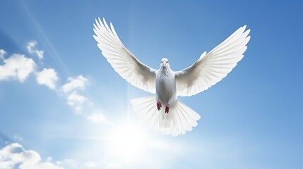 Obraz premium White dove flying .Dove in the air with wings wide open in the bright blue sky