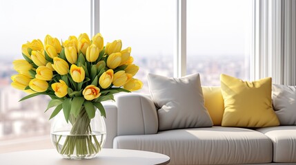 image of a stylish living room with comfortable furniture and a bouquet of yellow tulips.