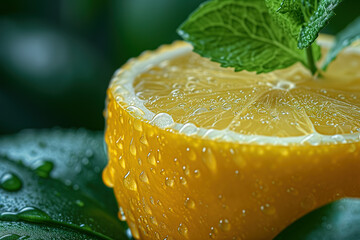 lemon with droplets and mint leaves