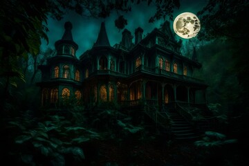 Fototapeta premium An enchanted jungle with a haunted house. Soft moonlight bathes the scene